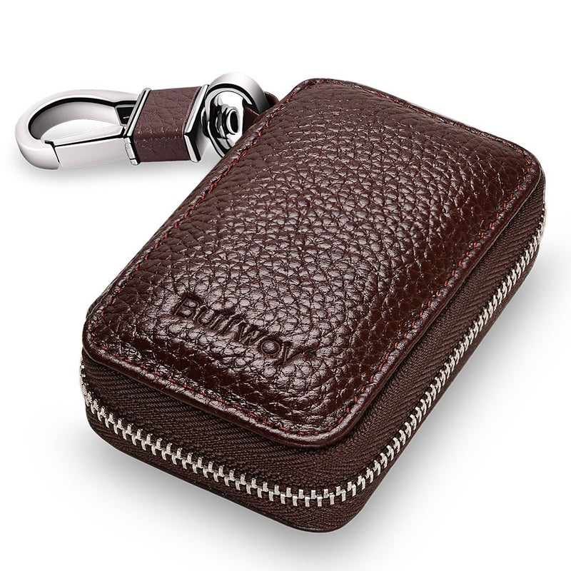 Buffway Car Key Holder,Genuine Leather Car Keychain Coin Case Metal Hook and Keyring Wallet Zipper Case for Auto Remote Key Fob - Coffee - Image 1